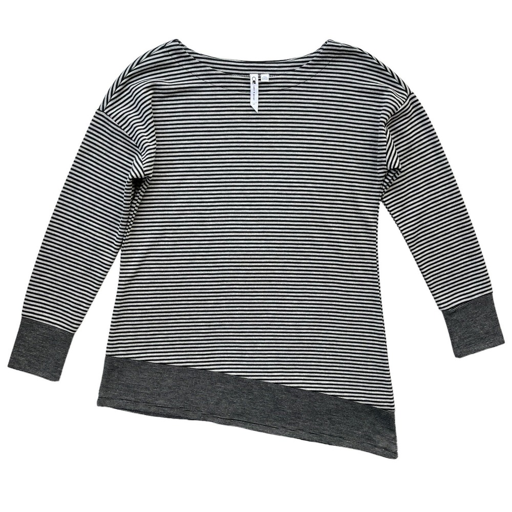 Cable & Gauge Women S Black Gray Stripe Asymmetrical Hem Boat Neck Long Sl Tunic